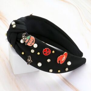 Black Halloween Witch Hat Pumpkin Pearl Cluster Bling Charm Headband Holiday